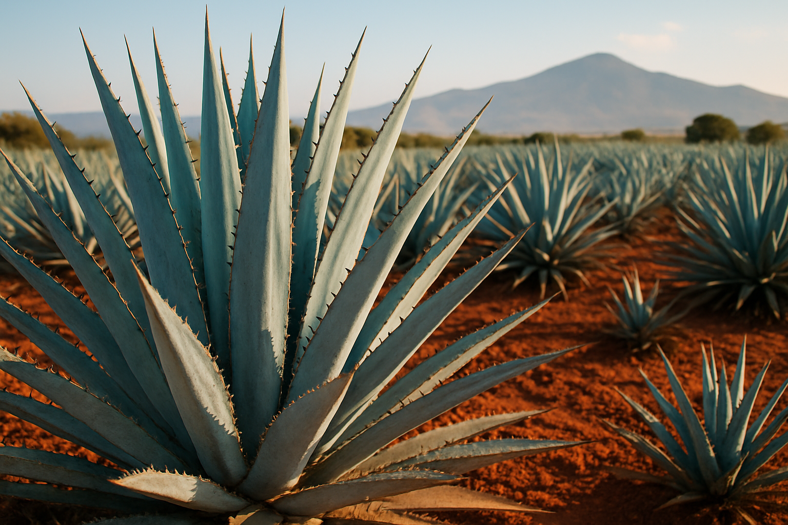 close up of fresh blue agave (Agave tequilana) growing in a farm in mexico